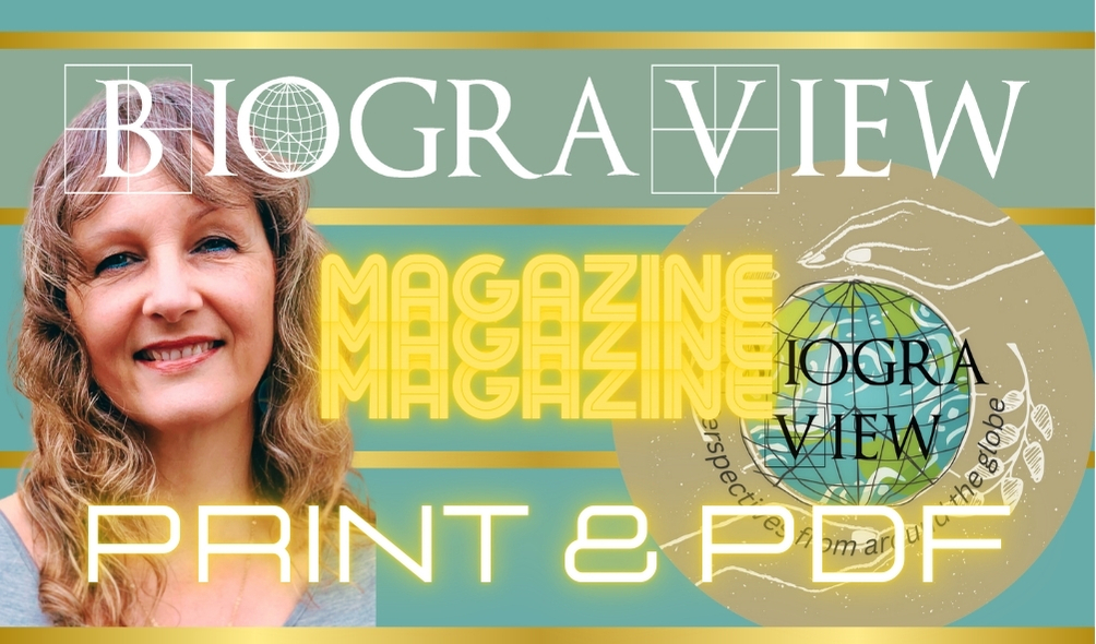 Portrait of Ingrid van Amsterdam, horizontal and round BiograView logo on a turquoise background. Yellow glowing and fluorescent text in the foreground. Gold horizontal lines separating the text.